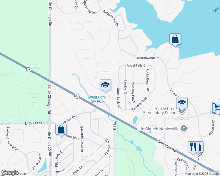 map of restaurants, bars, coffee shops, grocery stores, and more near 19395 Outer Bank Road in Noblesville