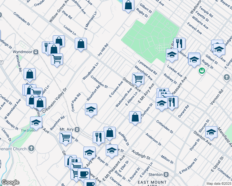 map of restaurants, bars, coffee shops, grocery stores, and more near 376 East Gowen Avenue in Philadelphia