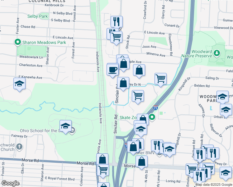 map of restaurants, bars, coffee shops, grocery stores, and more near 5080-5152 Sinclair Rd in Columbus