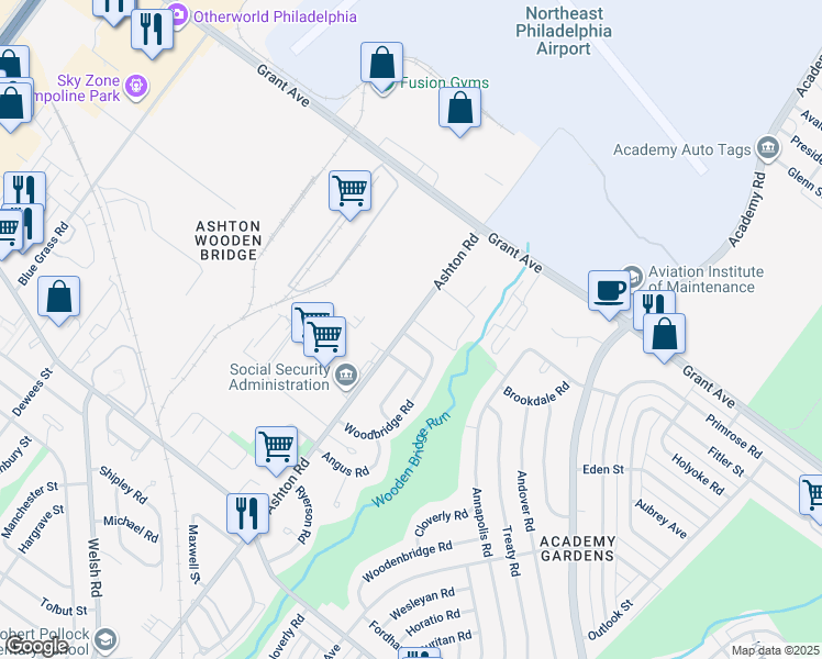 map of restaurants, bars, coffee shops, grocery stores, and more near 9470 Ashton Road in Philadelphia