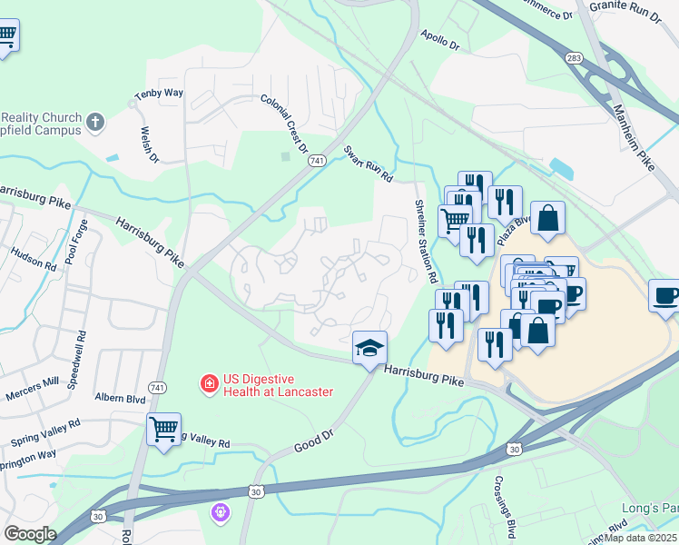 map of restaurants, bars, coffee shops, grocery stores, and more near Woodcrest Dr in Lancaster
