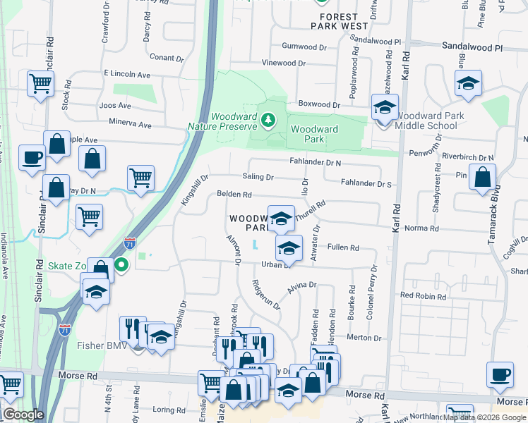 map of restaurants, bars, coffee shops, grocery stores, and more near 1269 Belden Road in Columbus