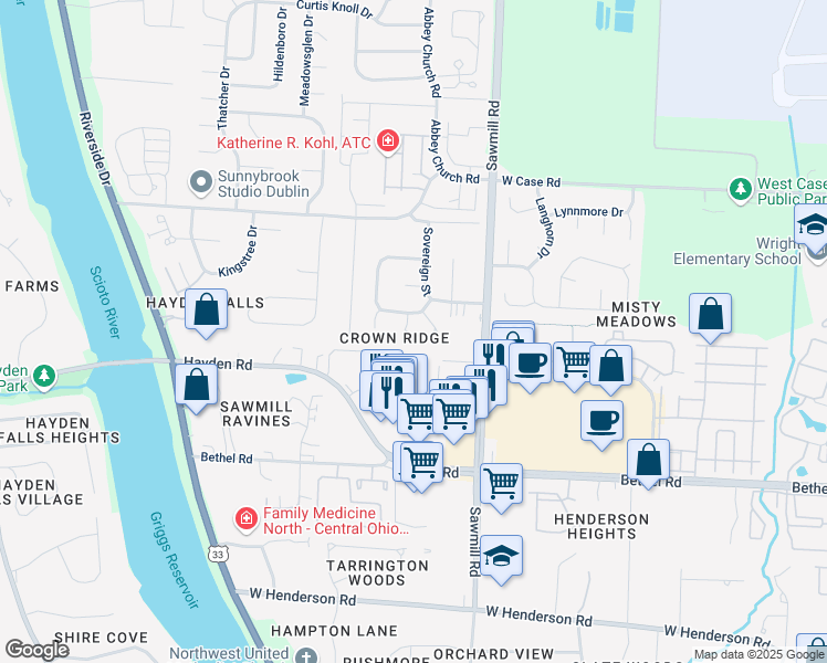map of restaurants, bars, coffee shops, grocery stores, and more near 5627 Longbow Lane in Columbus