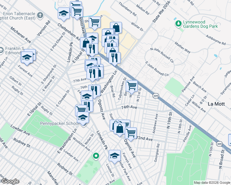 map of restaurants, bars, coffee shops, grocery stores, and more near 7509 Briar Road in Philadelphia
