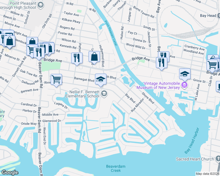 map of restaurants, bars, coffee shops, grocery stores, and more near 2030 Barnegat Boulevard in Point Pleasant