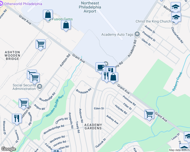map of restaurants, bars, coffee shops, grocery stores, and more near 3217 Primrose Road in Philadelphia