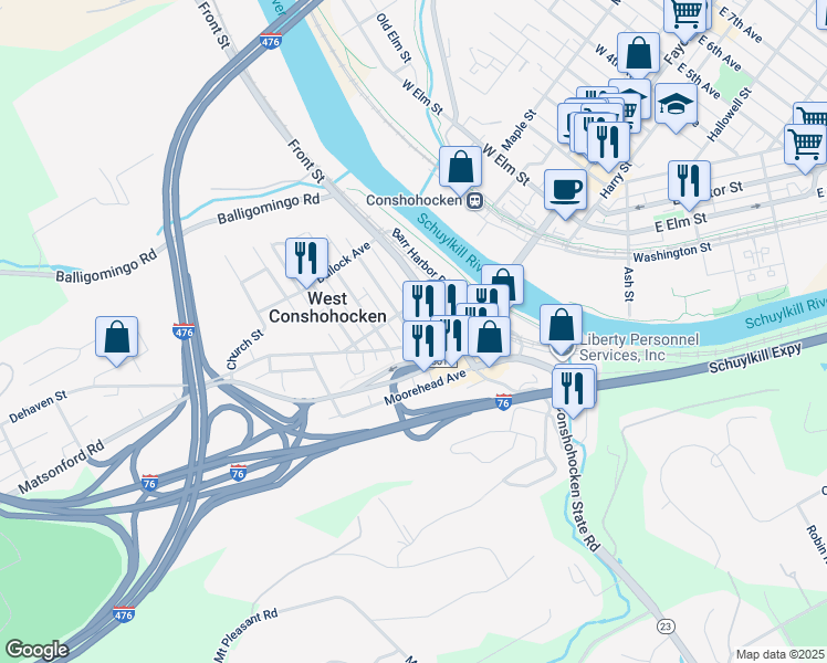 map of restaurants, bars, coffee shops, grocery stores, and more near 6 Merion Avenue in Conshohocken