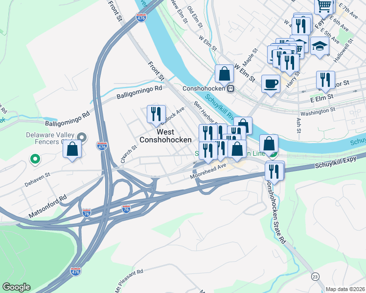 map of restaurants, bars, coffee shops, grocery stores, and more near 101 Cedar Avenue in Conshohocken