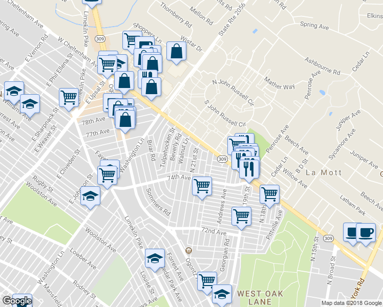 map of restaurants, bars, coffee shops, grocery stores, and more near 7510 North 21st Street in Philadelphia