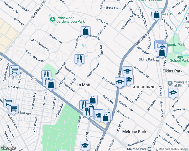 map of restaurants, bars, coffee shops, grocery stores, and more near 1610 Juniper Avenue in Elkins Park