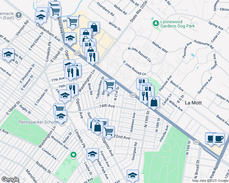 map of restaurants, bars, coffee shops, grocery stores, and more near 7510 North 21st Street in Philadelphia