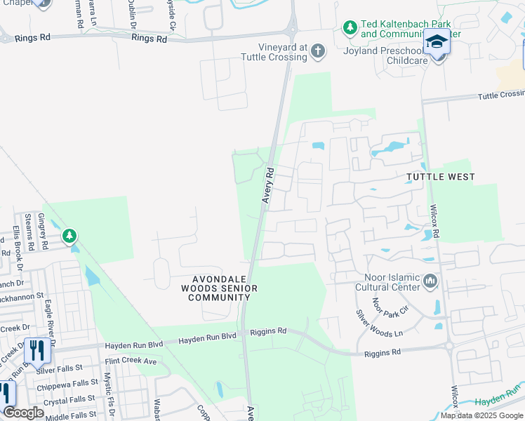 map of restaurants, bars, coffee shops, grocery stores, and more near 5245 Avery Road in Dublin