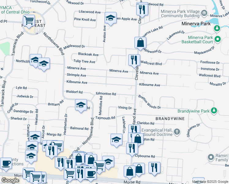 map of restaurants, bars, coffee shops, grocery stores, and more near 2372 Edmonton Road in Columbus