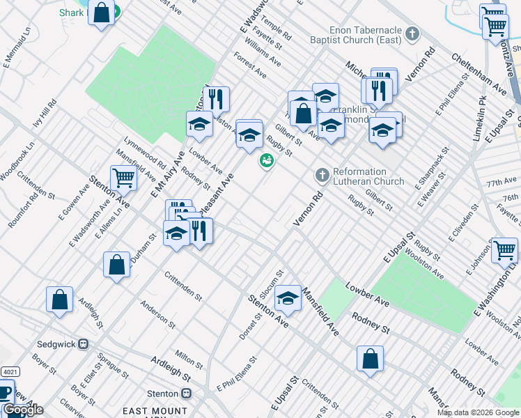 map of restaurants, bars, coffee shops, grocery stores, and more near 8028 Lowber Avenue in Philadelphia