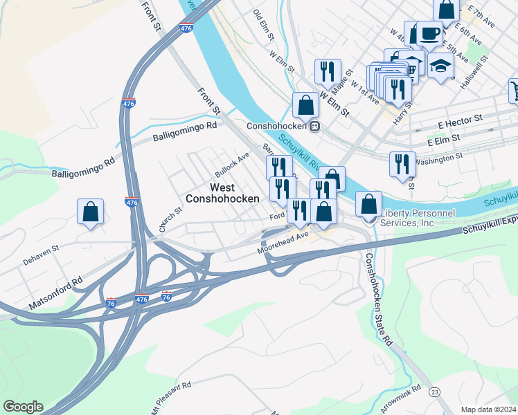 map of restaurants, bars, coffee shops, grocery stores, and more near 16 Cedar Avenue in Conshohocken
