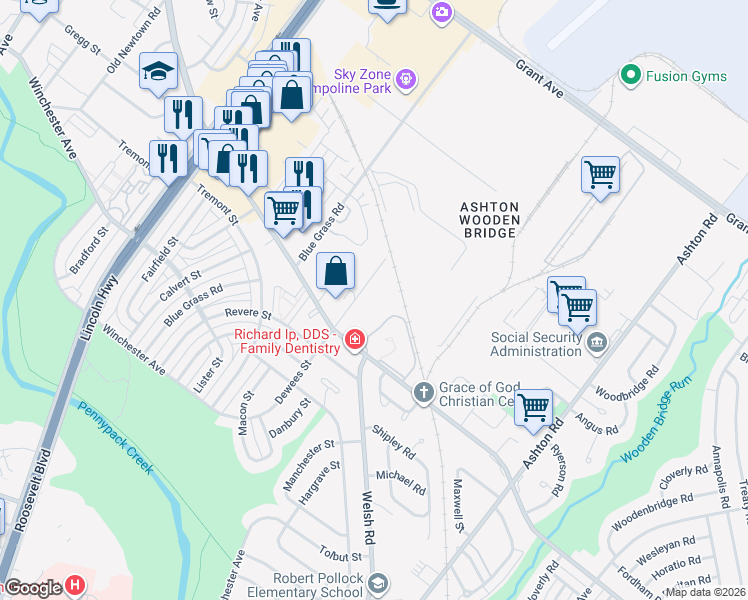 map of restaurants, bars, coffee shops, grocery stores, and more near 2607 Welsh Road in Philadelphia