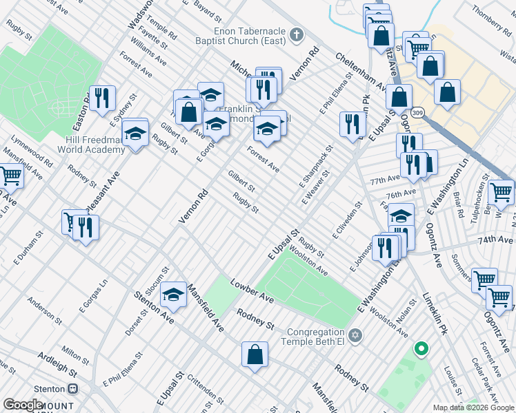 map of restaurants, bars, coffee shops, grocery stores, and more near 7911 Rugby Street in Philadelphia