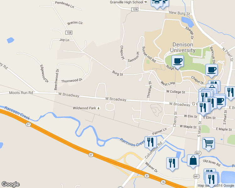 map of restaurants, bars, coffee shops, grocery stores, and more near 640 W Broadway in Granville