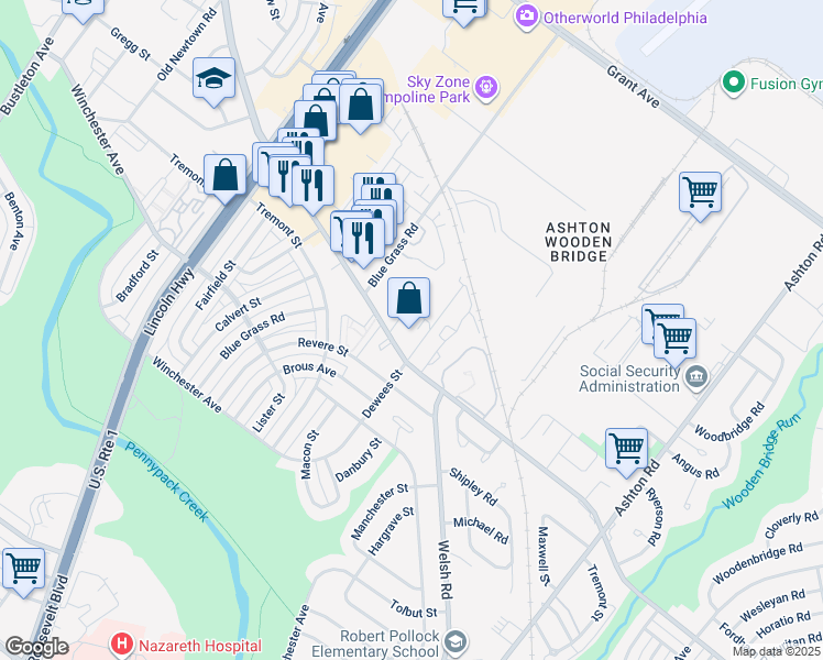 map of restaurants, bars, coffee shops, grocery stores, and more near 2555 Welsh Road in Philadelphia