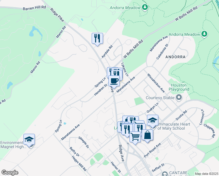 map of restaurants, bars, coffee shops, grocery stores, and more near 8930 Ridge Avenue in Philadelphia