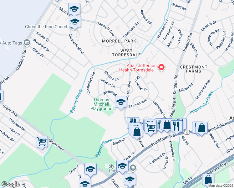 map of restaurants, bars, coffee shops, grocery stores, and more near 3657 Whitehall Lane in Philadelphia