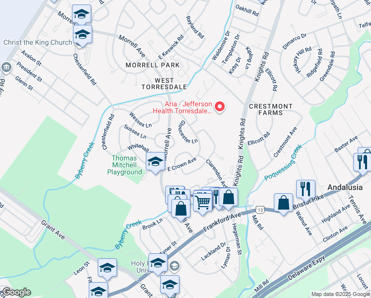 map of restaurants, bars, coffee shops, grocery stores, and more near 3616 Essex Lane in Philadelphia