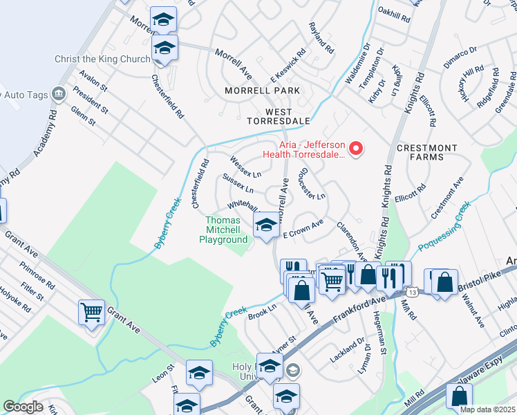 map of restaurants, bars, coffee shops, grocery stores, and more near 3657 Whitehall Lane in Philadelphia