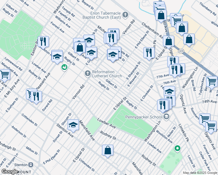 map of restaurants, bars, coffee shops, grocery stores, and more near 7841 Rugby Street in Philadelphia