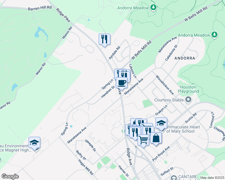 map of restaurants, bars, coffee shops, grocery stores, and more near 724 Hendren Street in Philadelphia
