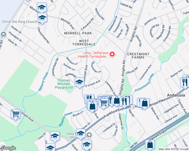 map of restaurants, bars, coffee shops, grocery stores, and more near 3618 Essex Lane in Philadelphia