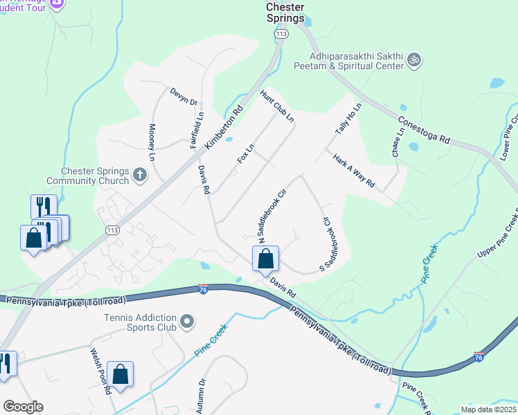 map of restaurants, bars, coffee shops, grocery stores, and more near 411 North Saddlebrook Circle in Chester Springs