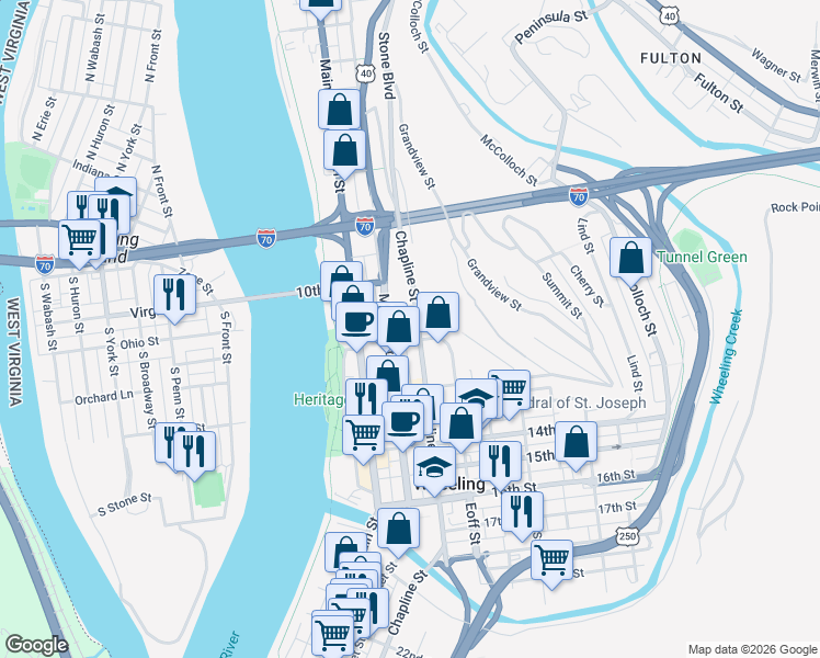map of restaurants, bars, coffee shops, grocery stores, and more near 1042 Market Street in Wheeling