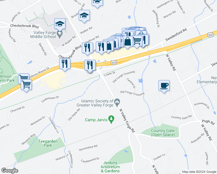 map of restaurants, bars, coffee shops, grocery stores, and more near 4 Old Forge Crossing in Devon