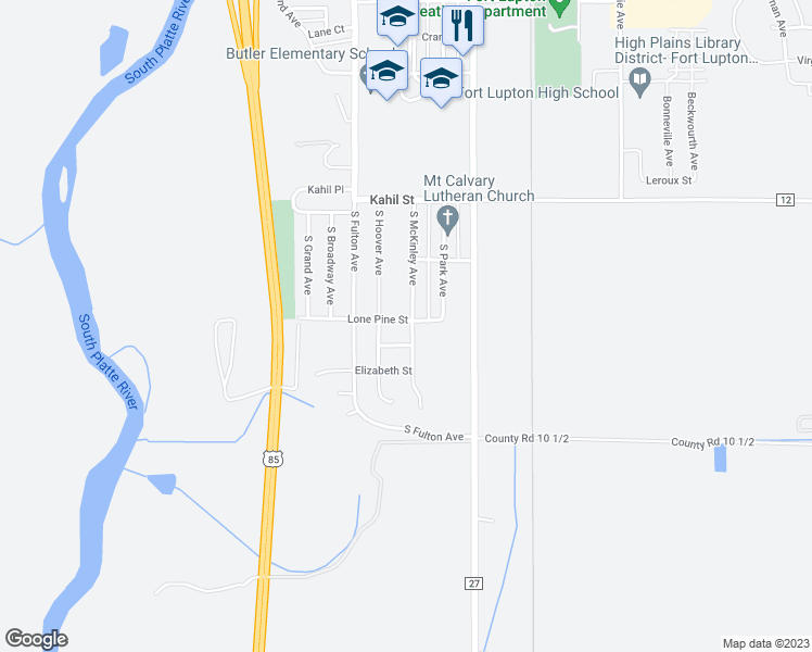map of restaurants, bars, coffee shops, grocery stores, and more near 470 Lone Pine Street in Fort Lupton