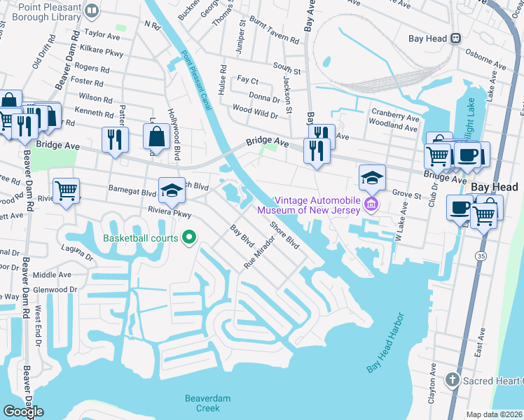 map of restaurants, bars, coffee shops, grocery stores, and more near 1855 Shore Boulevard in Point Pleasant