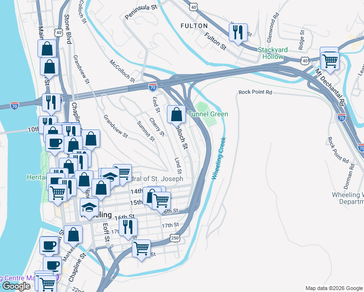 map of restaurants, bars, coffee shops, grocery stores, and more near 1115 Lane H in Wheeling