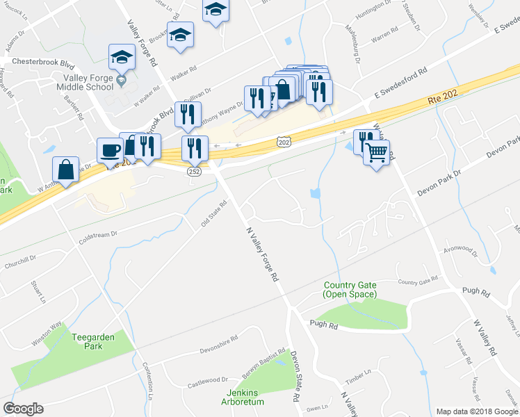 map of restaurants, bars, coffee shops, grocery stores, and more near 292 Old Forge Crossing in Devon