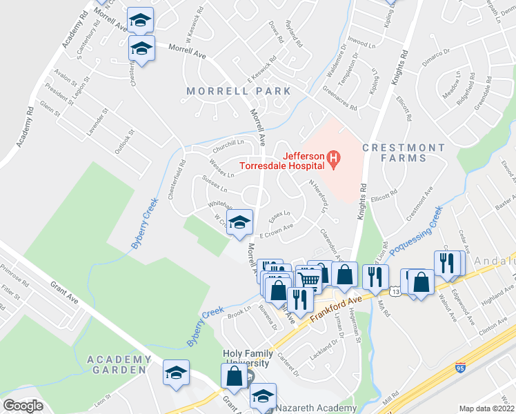 map of restaurants, bars, coffee shops, grocery stores, and more near Morrell Avenue & Morrell Circle in Philadelphia