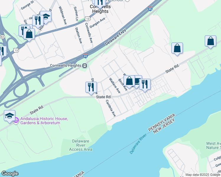 map of restaurants, bars, coffee shops, grocery stores, and more near 2115 Maryland Avenue in Bensalem