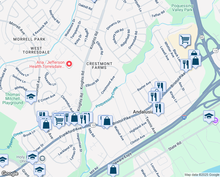 map of restaurants, bars, coffee shops, grocery stores, and more near 10845 Crestmont Avenue in Philadelphia
