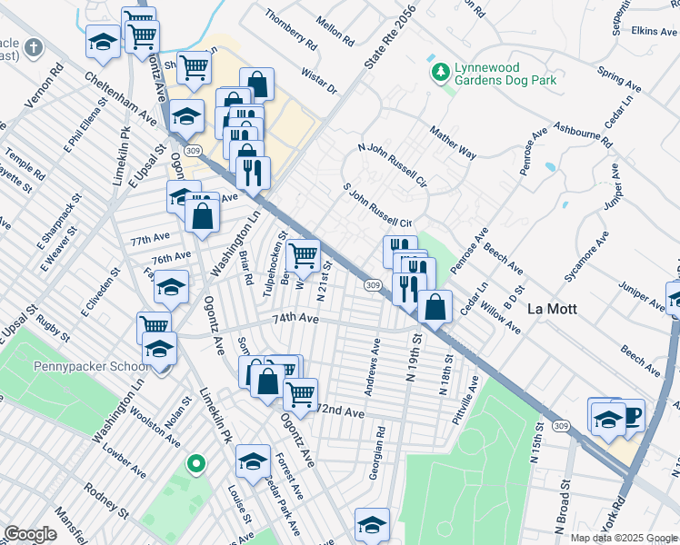 map of restaurants, bars, coffee shops, grocery stores, and more near 7520 North 20th Street in Philadelphia
