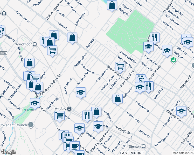 map of restaurants, bars, coffee shops, grocery stores, and more near 383 East Gowen Avenue in Philadelphia