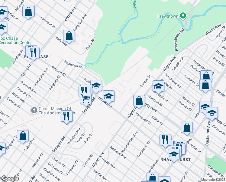 map of restaurants, bars, coffee shops, grocery stores, and more near 1403 Cherry Blossom Way in Philadelphia