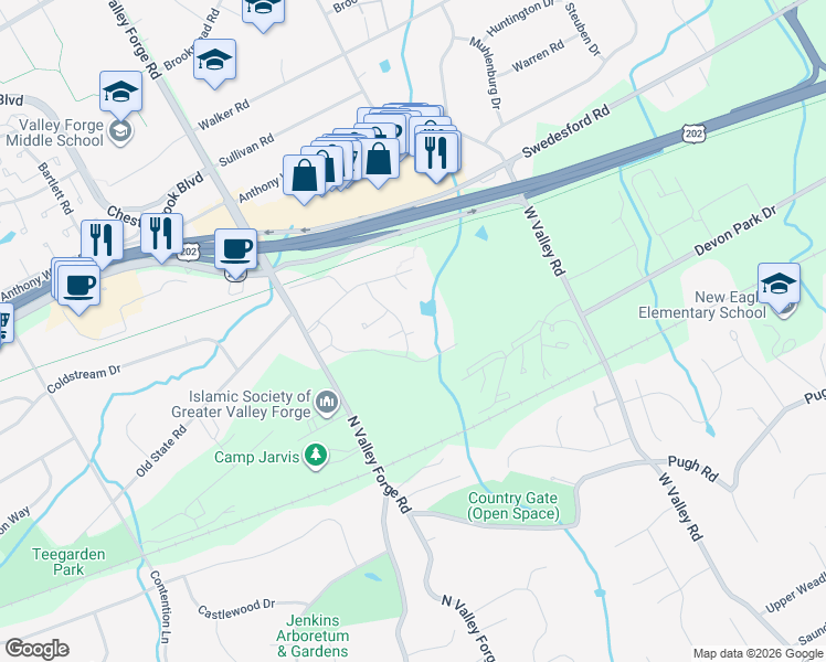 map of restaurants, bars, coffee shops, grocery stores, and more near 447 Old Forge Crossing in Devon