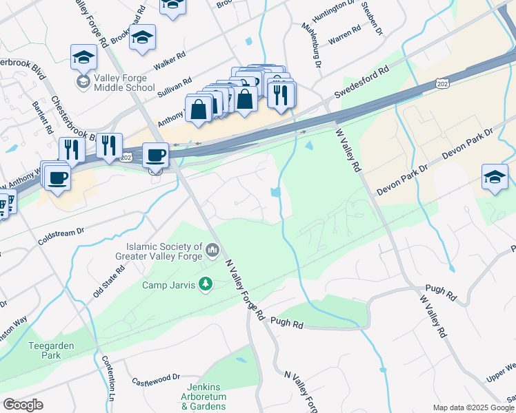 map of restaurants, bars, coffee shops, grocery stores, and more near 423 Old Forge Crossing in Devon