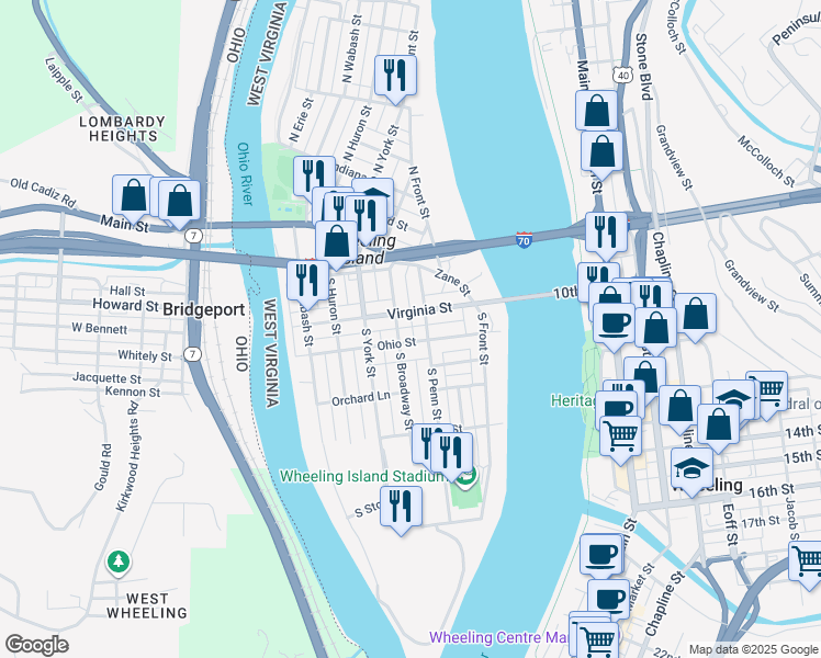 map of restaurants, bars, coffee shops, grocery stores, and more near 9 South Penn Street in Wheeling