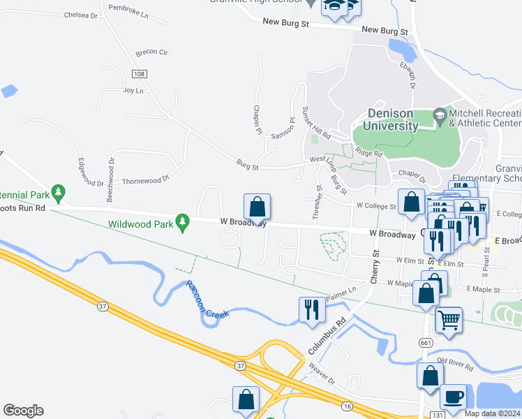 map of restaurants, bars, coffee shops, grocery stores, and more near 560 West Broadway in Granville