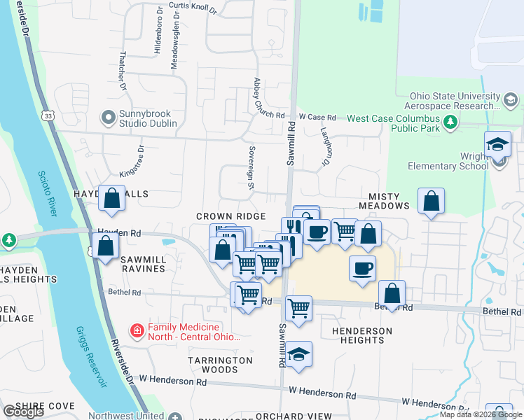 map of restaurants, bars, coffee shops, grocery stores, and more near 4889 Sawmill Road in Columbus
