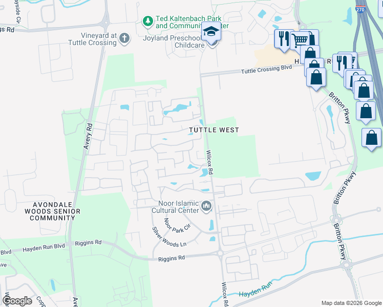map of restaurants, bars, coffee shops, grocery stores, and more near 5699 Tuttle Commons Boulevard in Dublin