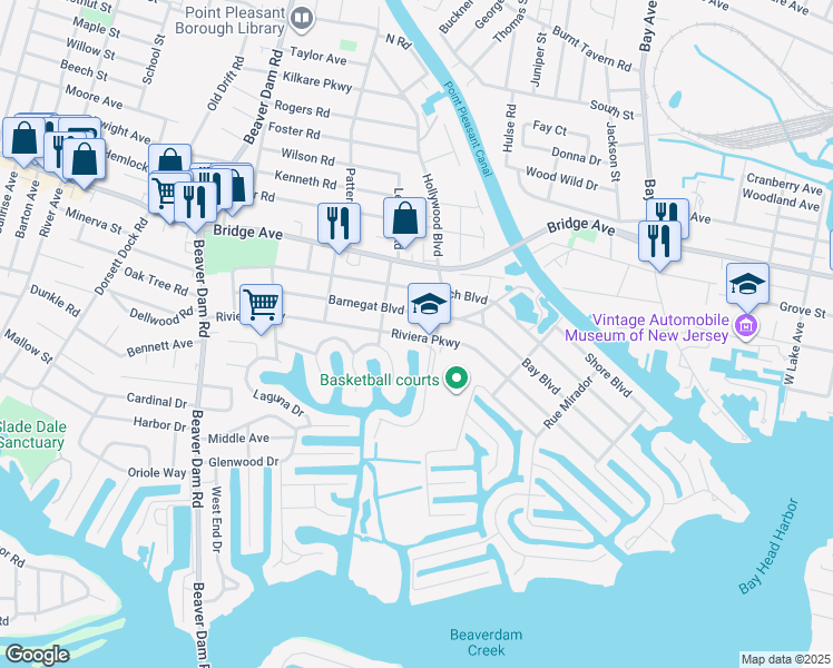 map of restaurants, bars, coffee shops, grocery stores, and more near 2110 Barnegat Boulevard in Point Pleasant